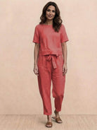 Cotton-linen blend monochrome two-piece set breathable lightweight outfit