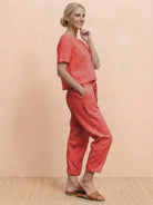 Cotton-linen blend monochrome two-piece set with breathable soft fabric and relaxed fit