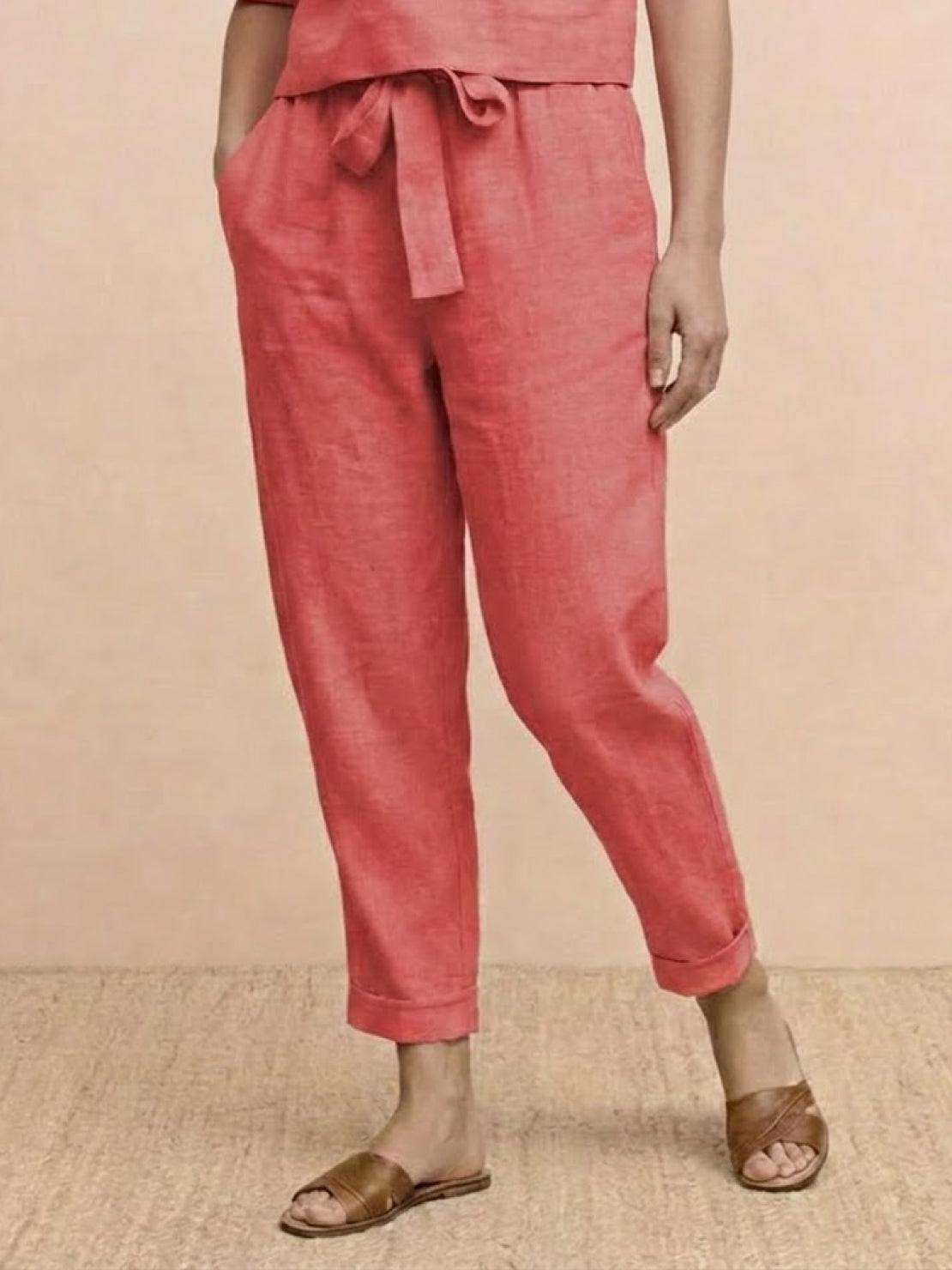 Cotton linen monochrome straight-leg pants in breathable fabric with relaxed fit and drawstring waist