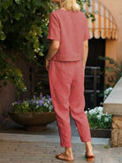 White cotton-linen blend monochrome two-piece set with relaxed fit