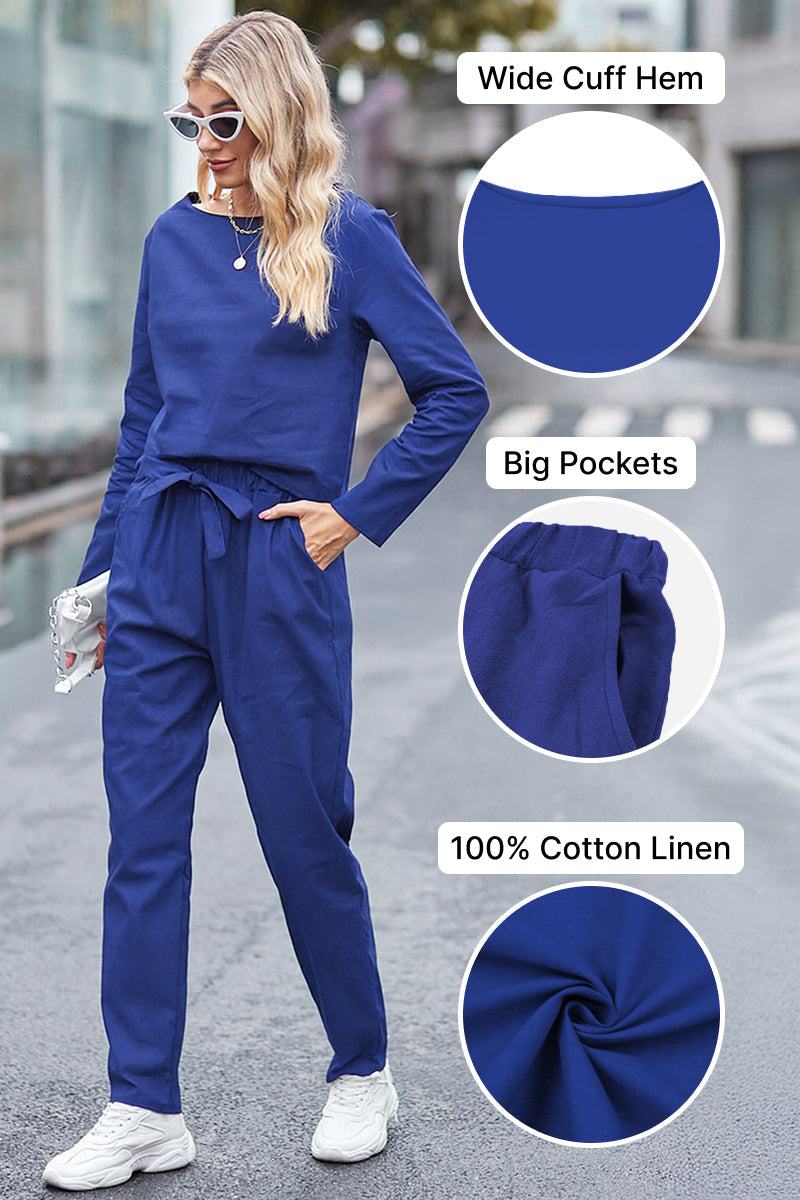 Woman wearing a cobalt blue cotton-linen monochrome set with wide cuff hem, big pockets, and relaxed fit pants in outdoor setting