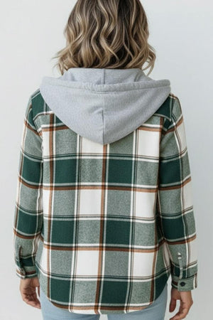 Back view of Highland Plaid Shacket with green and white plaid pattern, soft fleece lining, and attached gray hood.