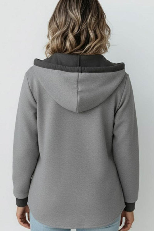 back view of woman wearing gray Highland Plaid Shacket with hooded relaxed fit