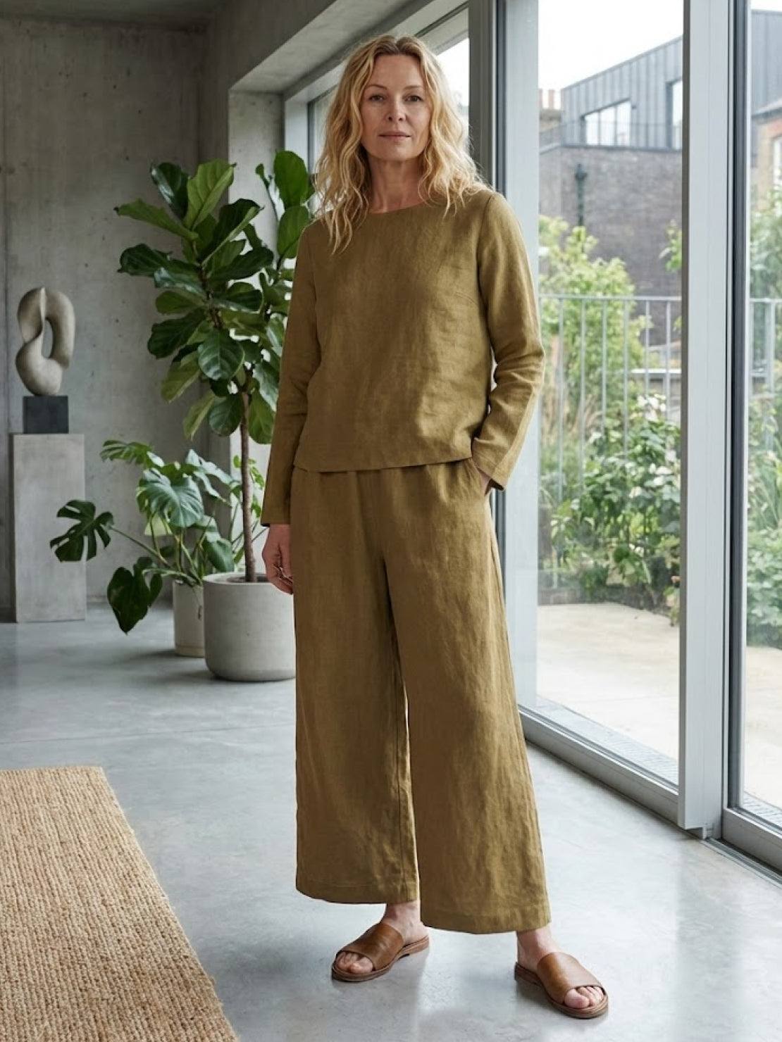 Loose solid color two-piece set with breathable cotton blend fabric for comfortable everyday wear