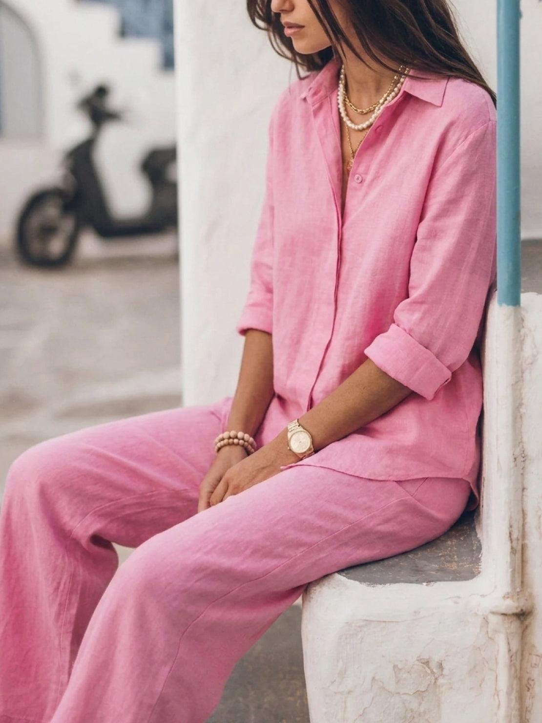 Model wearing oversized 100% cotton oversized shirt and wide-leg pants co-ord set in relaxed fit