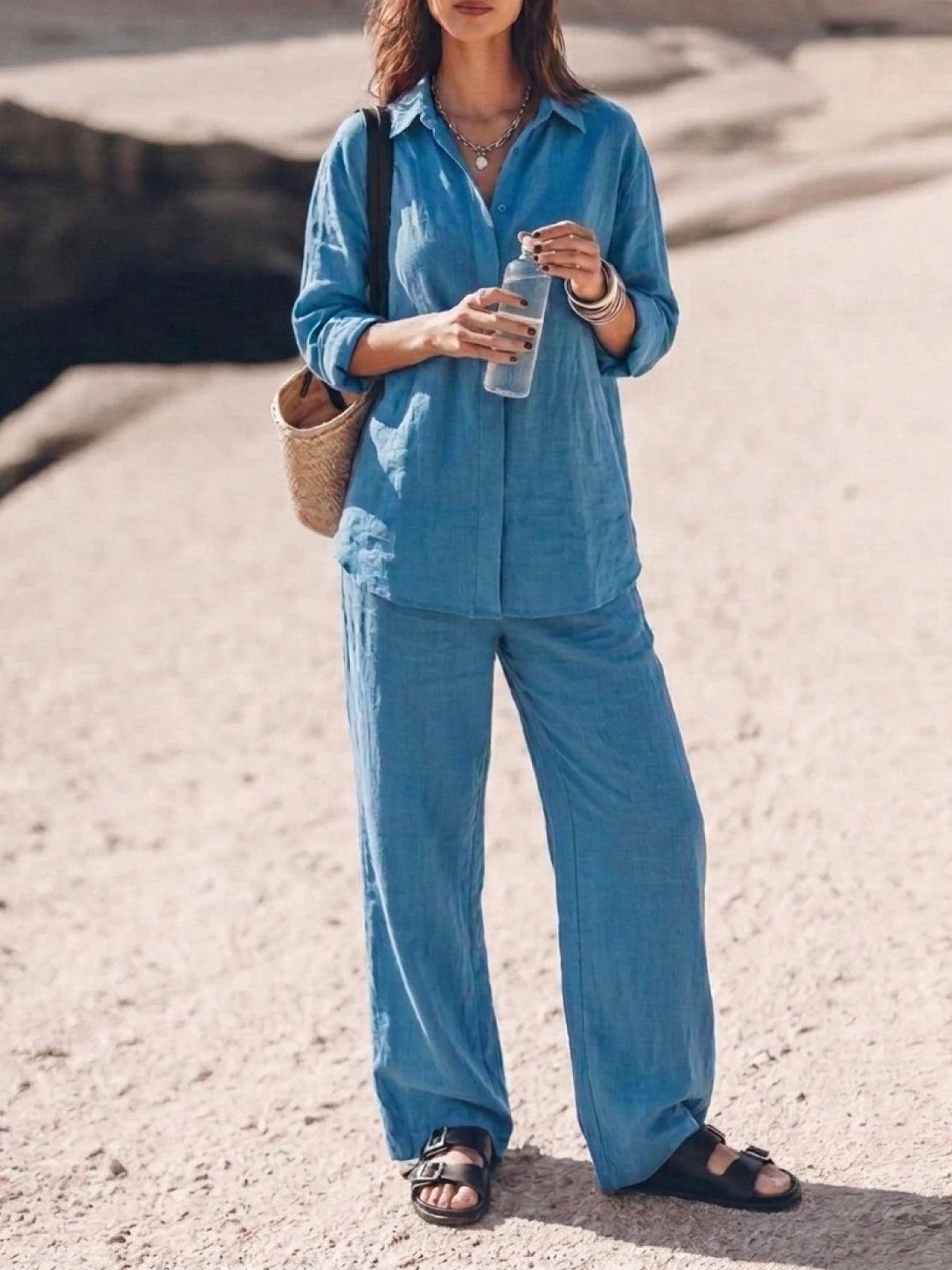 Woman wearing oversized 100% cotton shirt and wide-leg pants co-ord set in relaxed style