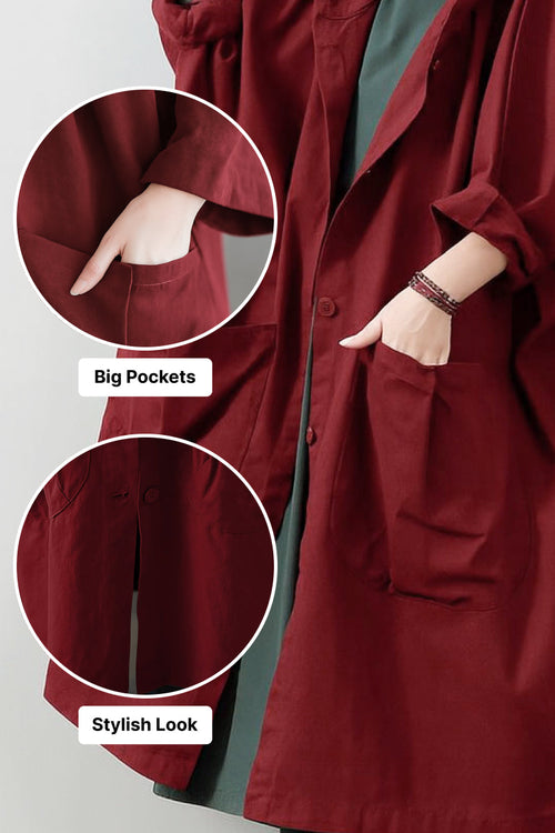 Oversized water-resistant windbreaker jacket with waterproof design, big pockets, and stylish look in deep red color.