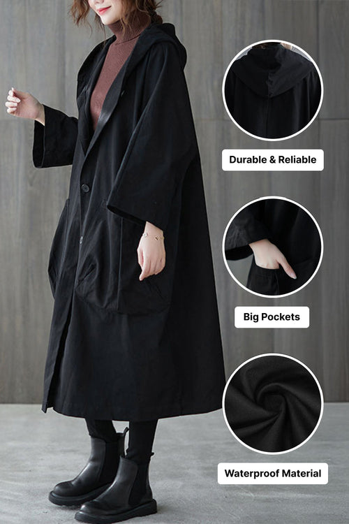 One size fits all oversized black waterproof windbreaker jacket with hood and large pockets