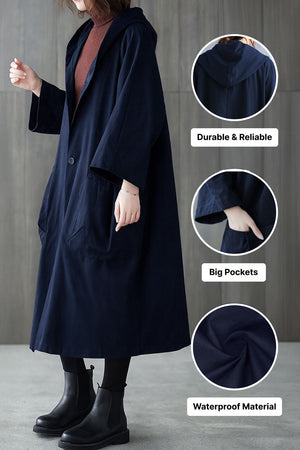 One size oversized water resistant windbreaker jacket with hood, large pockets, and waterproof design