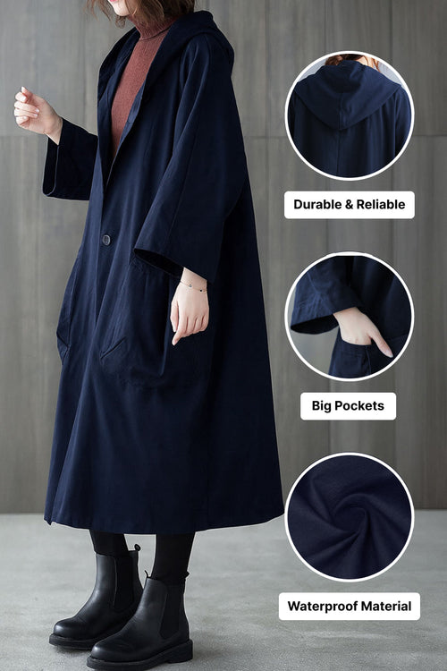 One size oversized water resistant windbreaker jacket with hood, large pockets, and waterproof design