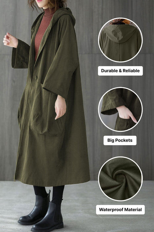 Oversized one size water-resistant windbreaker jacket with waterproof design, attached hood, large pockets, and durable polyester material.