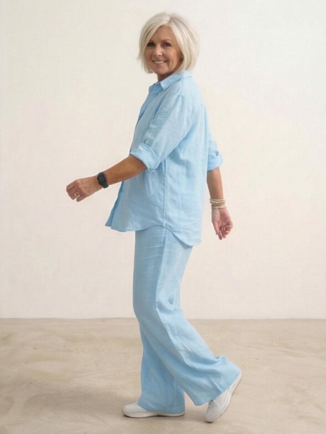 Model wearing oversized 100% cotton shirt with wide-leg pants co-ord set in relaxed fit