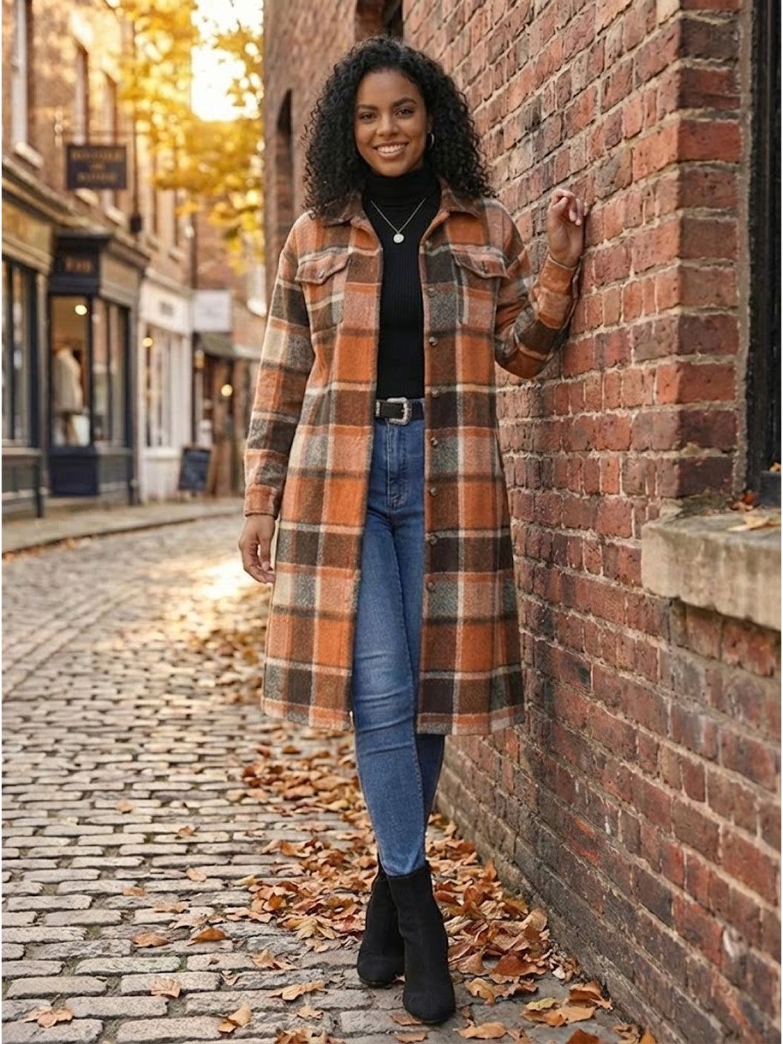 Oversized medium-length blue plaid overshirt jacket with relaxed fit and wool-blend fabric