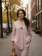 Pure Linen Two-Piece casual beige linen shirt and pants set for women, breathable and travel-ready outfit