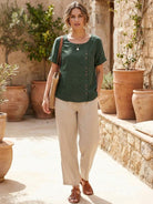 Relaxed Fit Linen Button-Up Tee in breathable cotton and linen with short sleeves and button detail