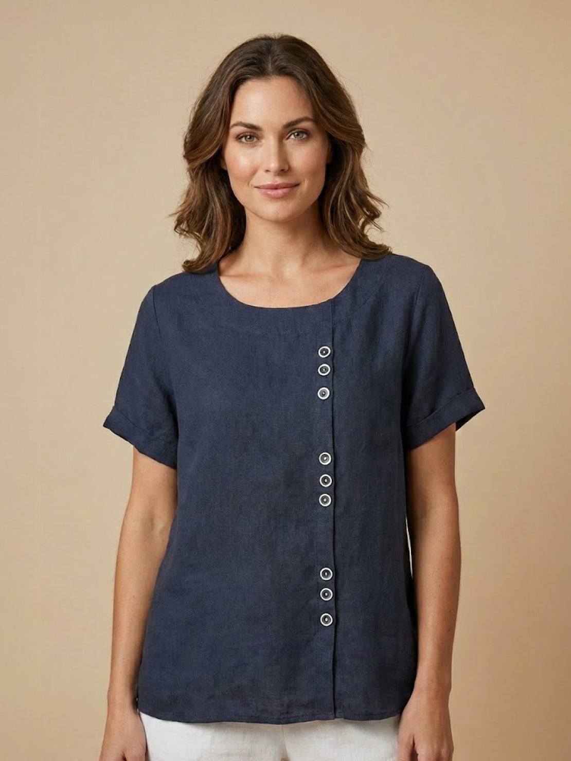 Relaxed Fit Linen Button-Up Tee with breathable cotton-linen fabric and stylish button detail