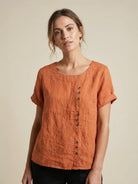 Relaxed Fit Linen Button-Up Tee in breathable cotton-linen fabric with button detail and loose fit for comfort