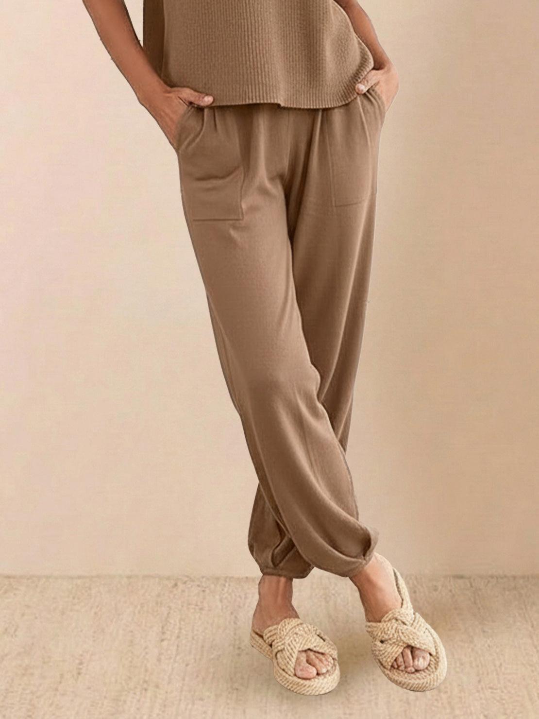 Comfy Couture Knit Sweater two-piece set in soft, smooth knit fabric with relaxed fit and matching pants