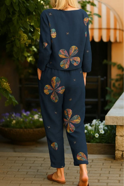 Retro Patterned Linen Two-Piece Set