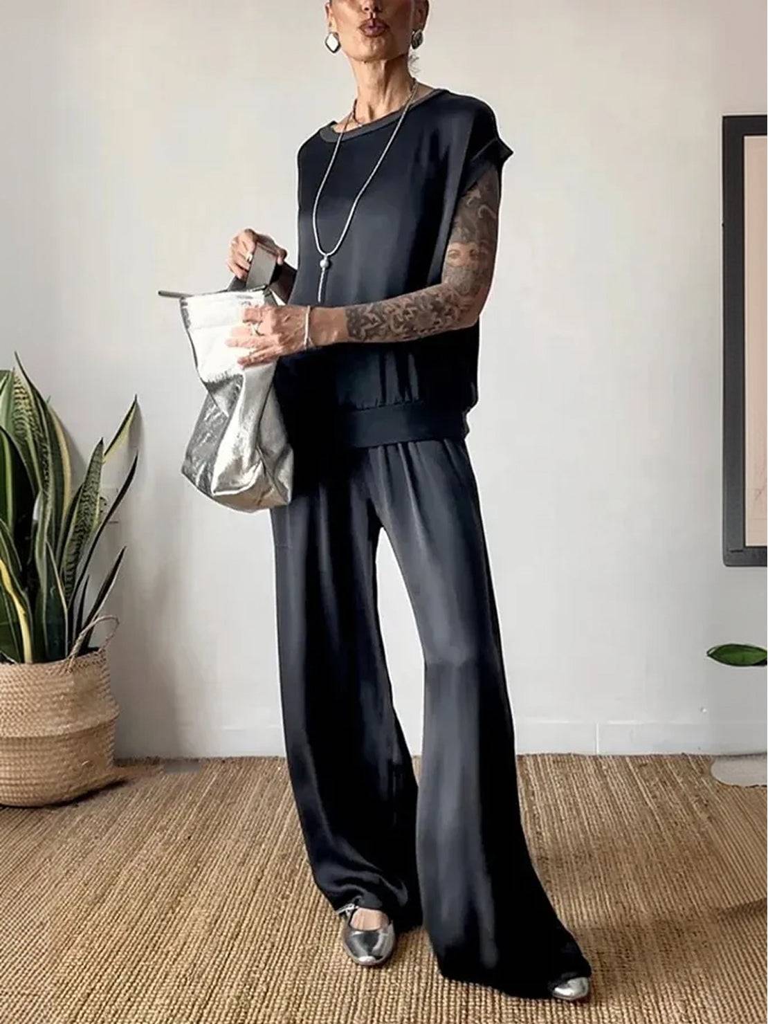 Silken Escape Satin Two-Piece Set with flowing satin fabric, wide-leg pants, and slimming top for elegant comfort