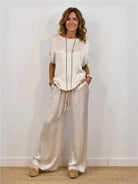 Silken Escape Satin Two-Piece Set with flowing top and wide-leg pants in silky fabric