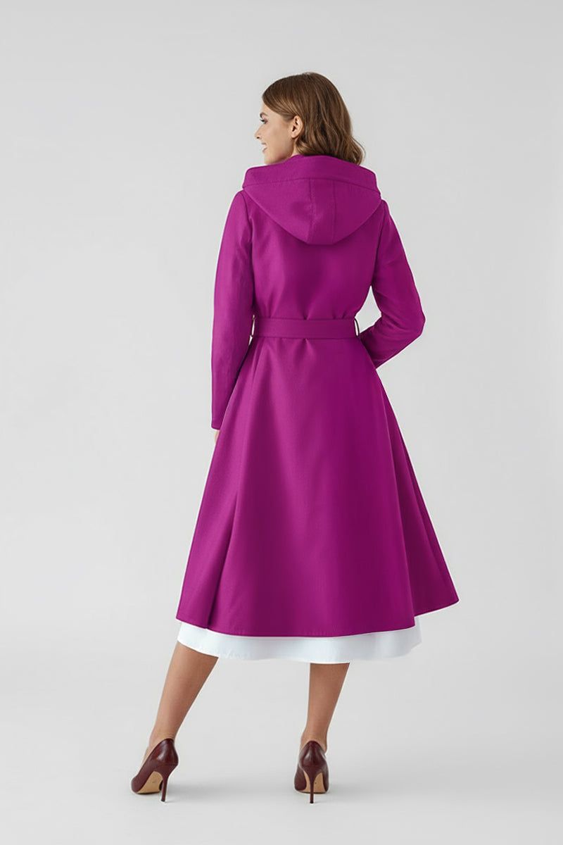 Water-repellent A-line hooded raincoat in vibrant purple with flattering belted fit and insulated lining