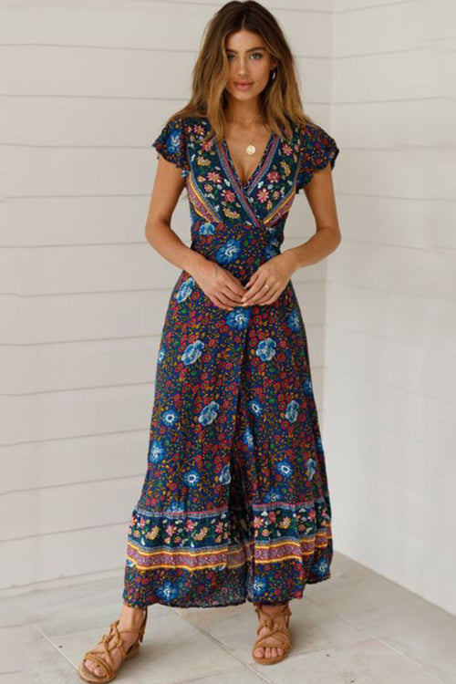 Bohemian Floral Print Wrap Dress