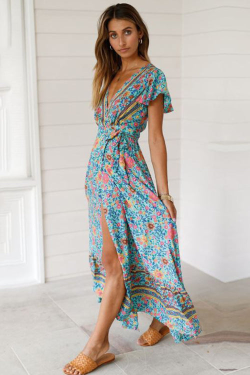 Bohemian Floral Print Wrap Dress