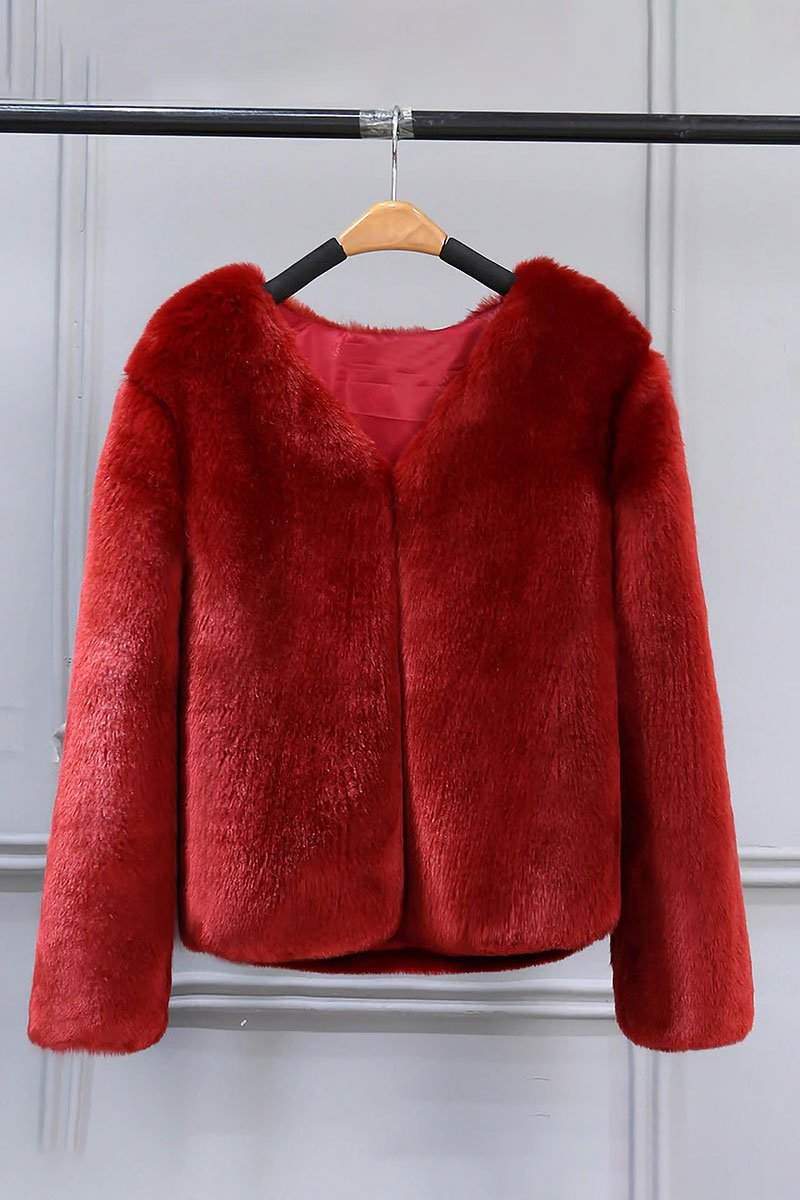 Bold faux fur luxe jacket with V neckline and button closure in deep red